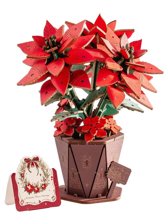 Wowood 3D Flower Wooden Puzzles for Adults-Poinsettia, DIY Wooden Flowers Model Kit Building Set Crafts for Adults to Build, Botanical Collection/Ideal Creative Gift Ideas/Housewarming (153PCS) - Image 1